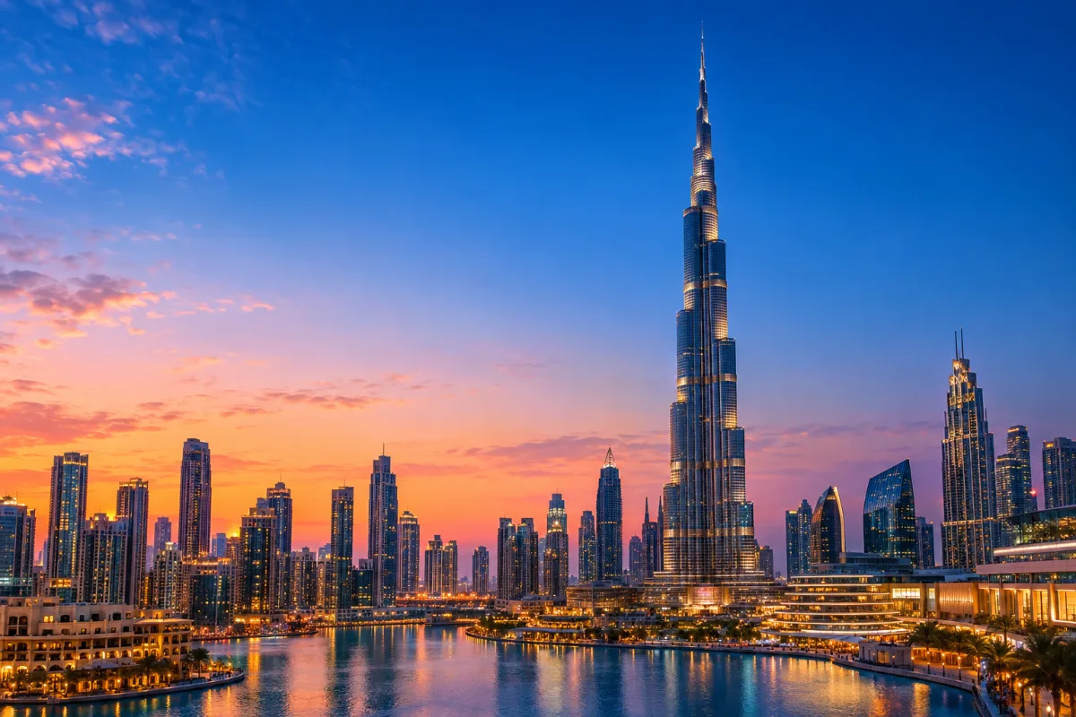 Illustration of the Dubai skyline with the Burj Khalifa at dusk
